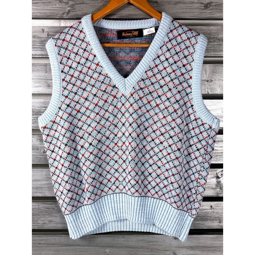 Vintage 70s Botany 500 Mens L Blue Argyle V-Neck Sweater Vest Made in USA boho